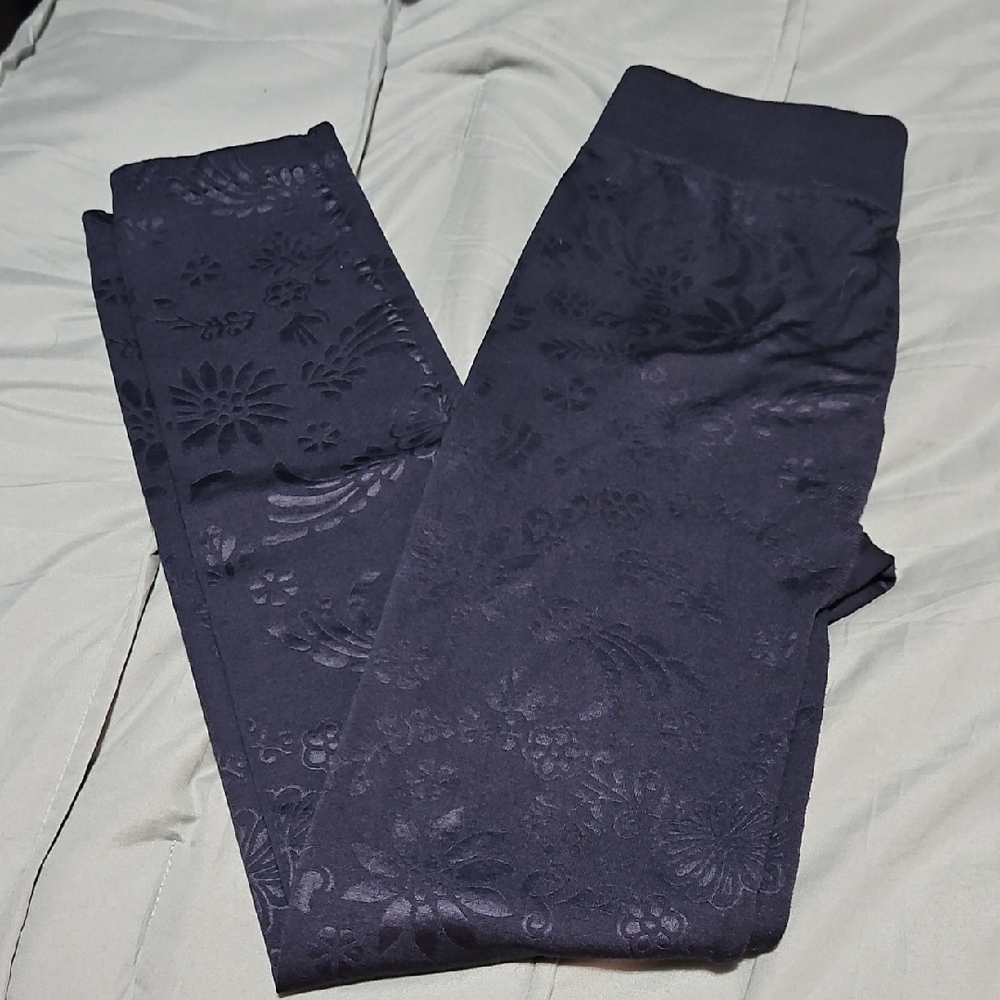 Floral Patterned Fleece Navy Leggings